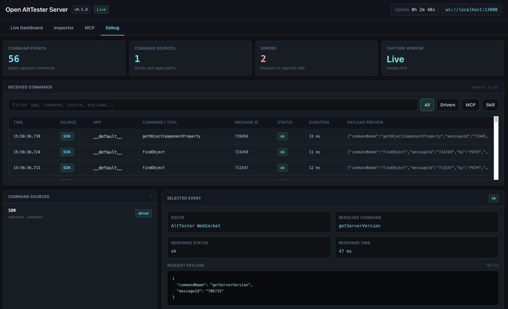 Debug tab showing command events from SDK, MCP, and skill sources with request and response details.