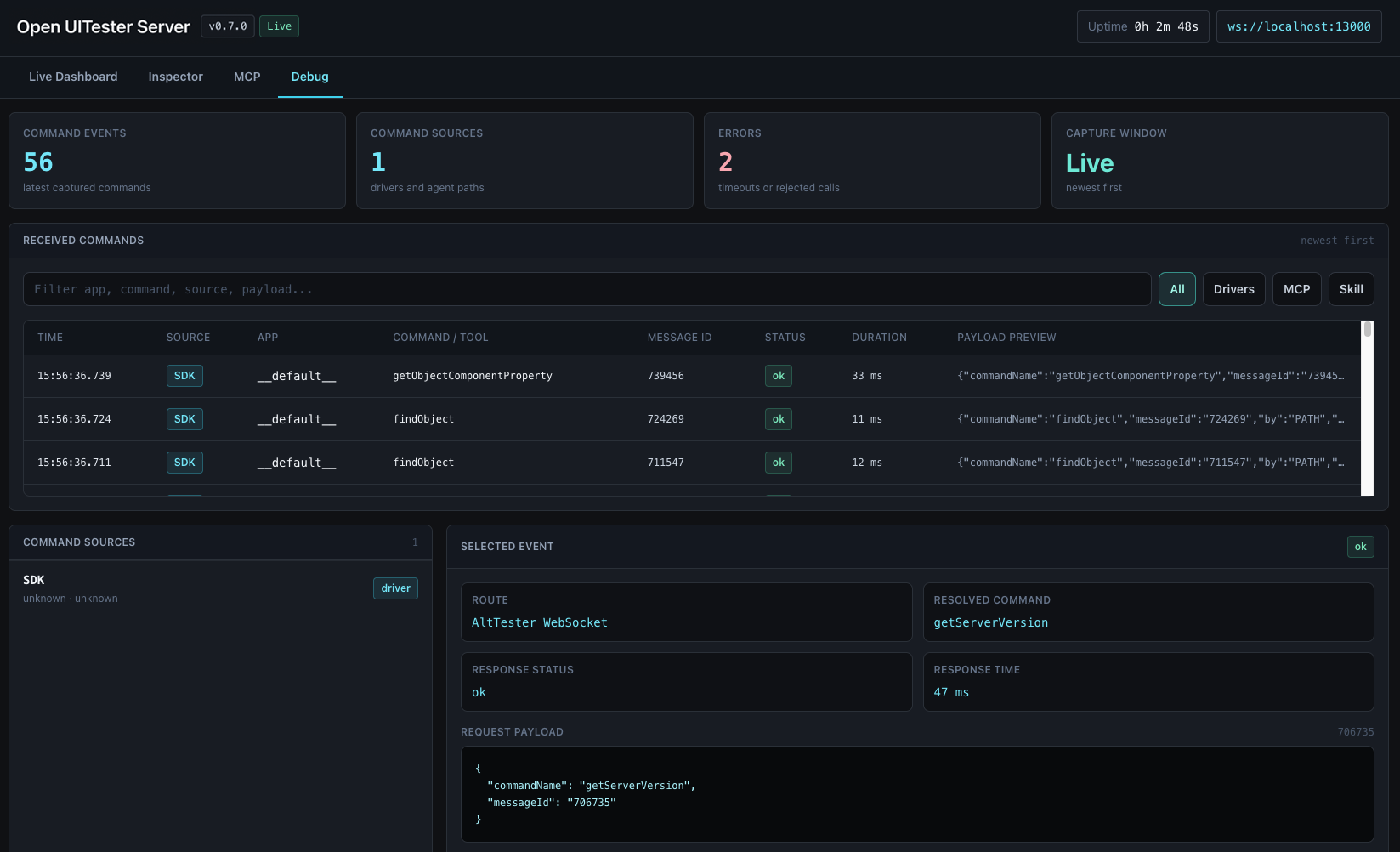Debug tab showing command events from SDK, MCP, and skill sources with request and response details.