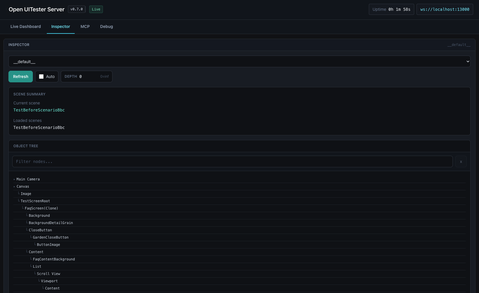Inspector tab showing the current scene, loaded scenes, and object tree for a connected instrumented app.