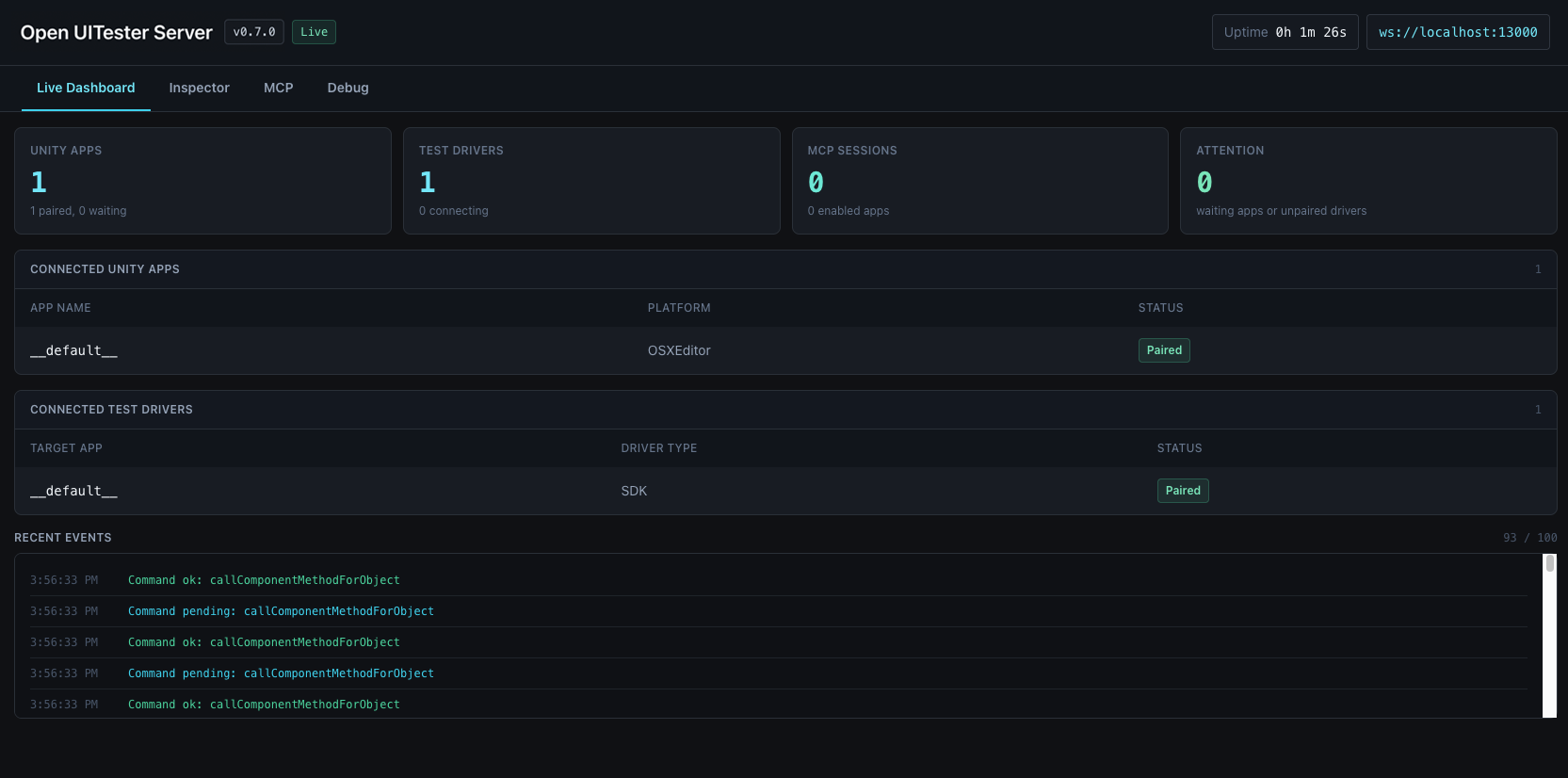 Open UITester Server live dashboard with server status, connected instrumented apps, connected test drivers, MCP sessions, attention state, and recent events.