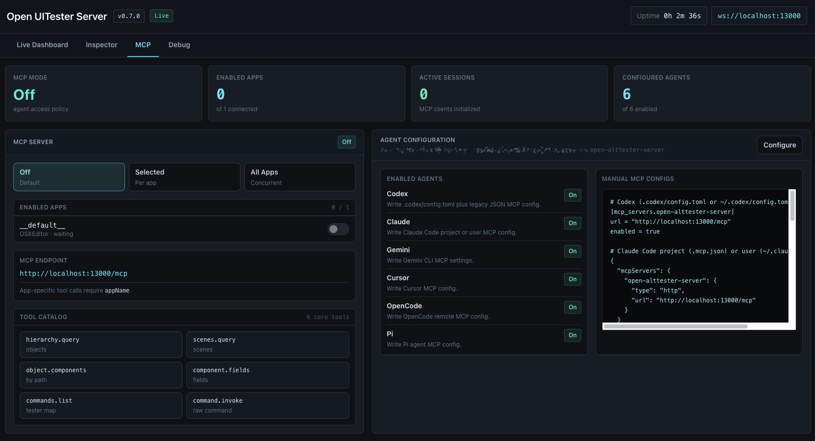 Open UITester Server MCP tab showing MCP access policy, enabled apps, tool catalog, enabled agents, and manual MCP configuration snippets.